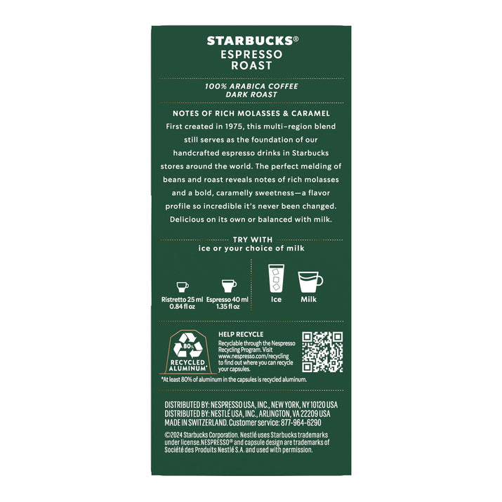 Starbucks by Nespresso Original Line, Espresso Roast, Dark Roast Nespresso Pods, 10 Count