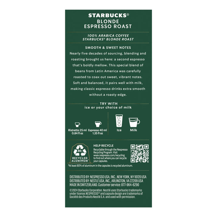 Starbucks by Nespresso Original Line, Starbucks Blonde Espresso Roast, Nespresso Pods, 10 Ct
